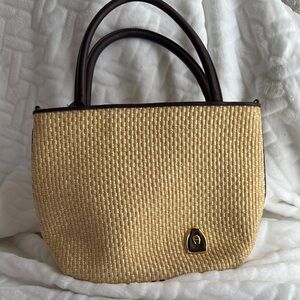 Cream and Brown Woven Tote with Dark Brown Handles